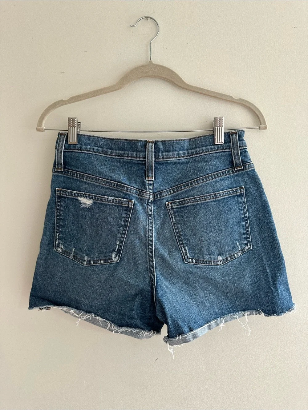 J. Crew High Waisted Distressed Denim Shorts in Blue Wash
